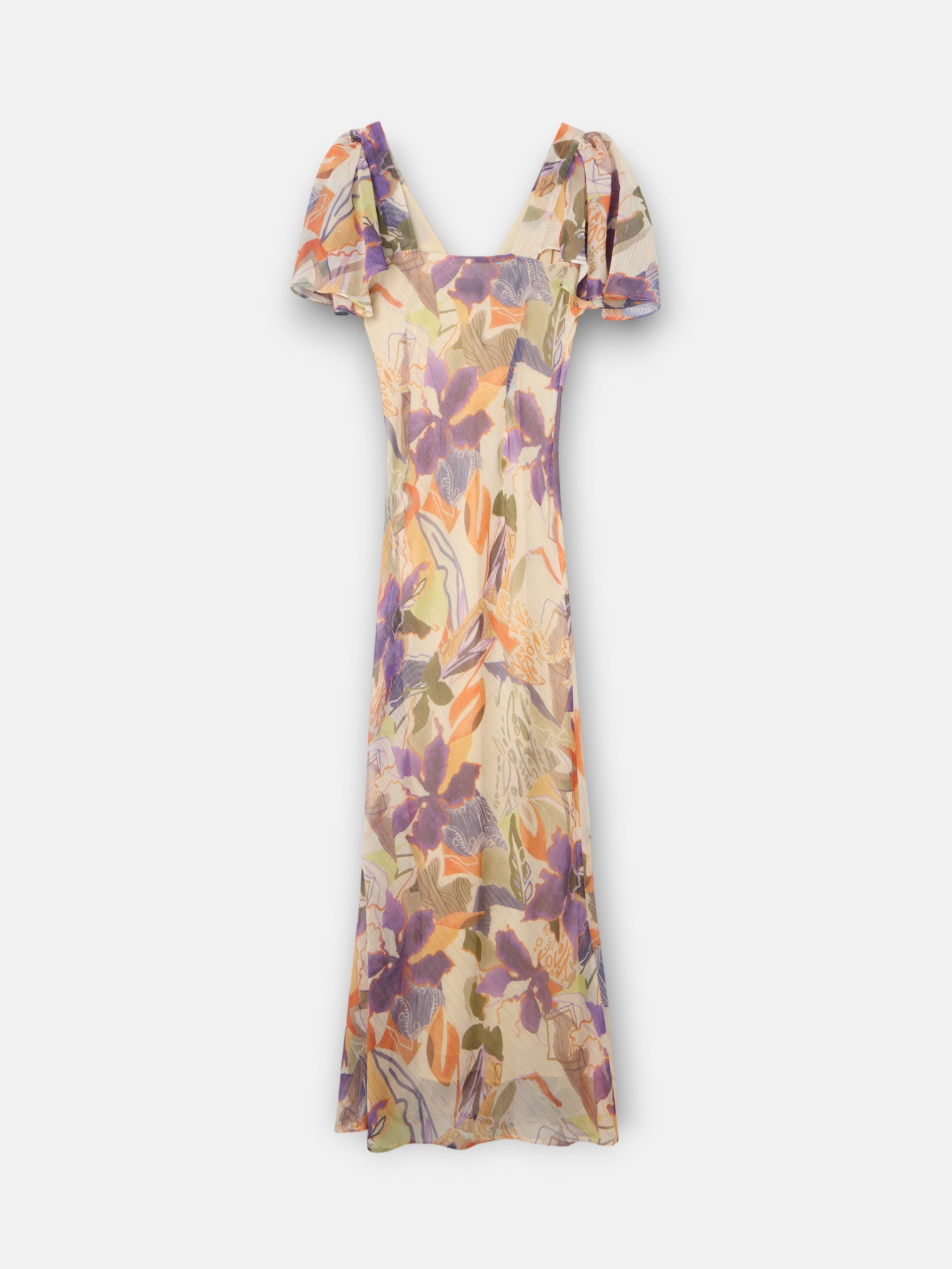 Vestido largo estampado flores moradas y naranjas