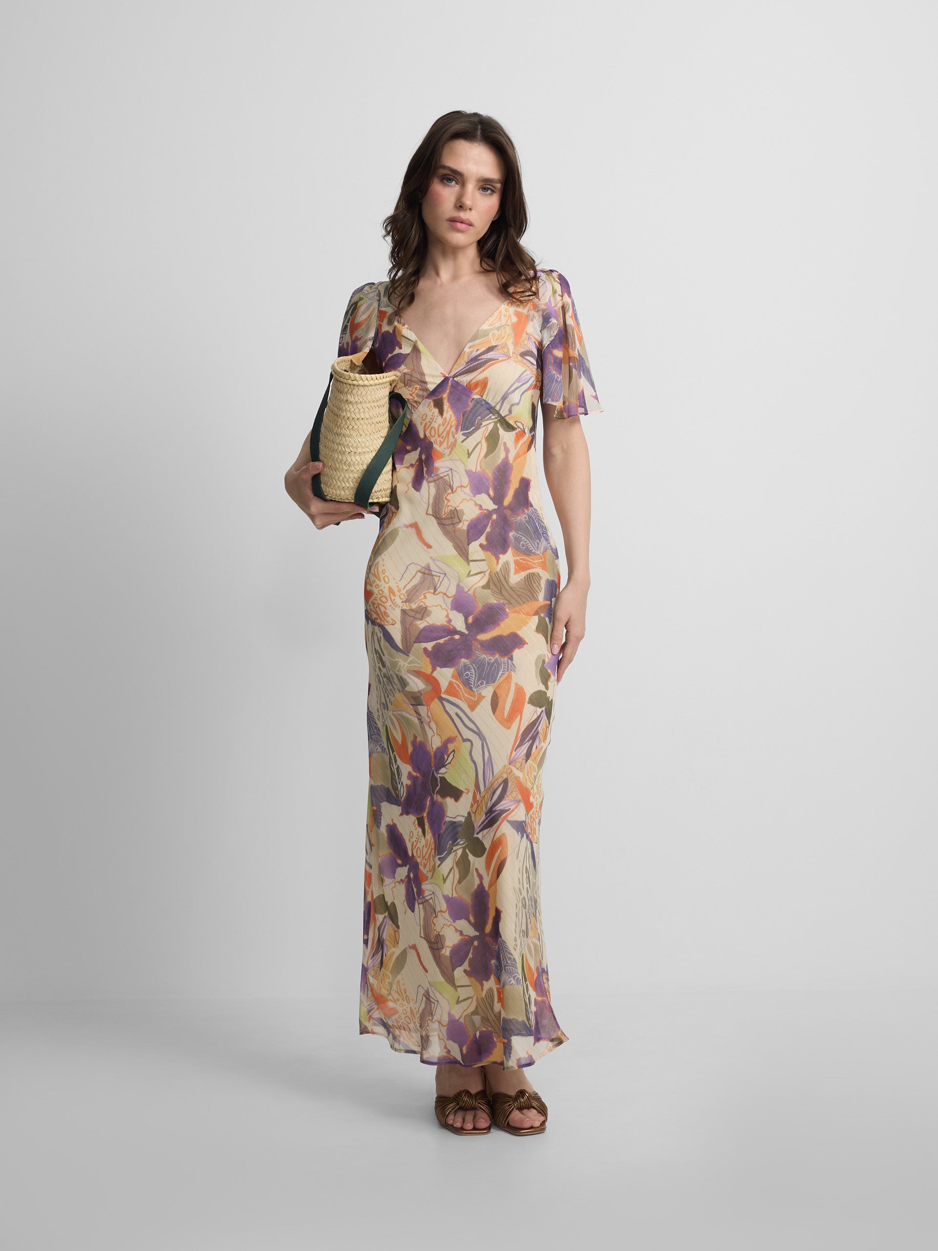 Vestido largo estampado flores moradas y naranjas