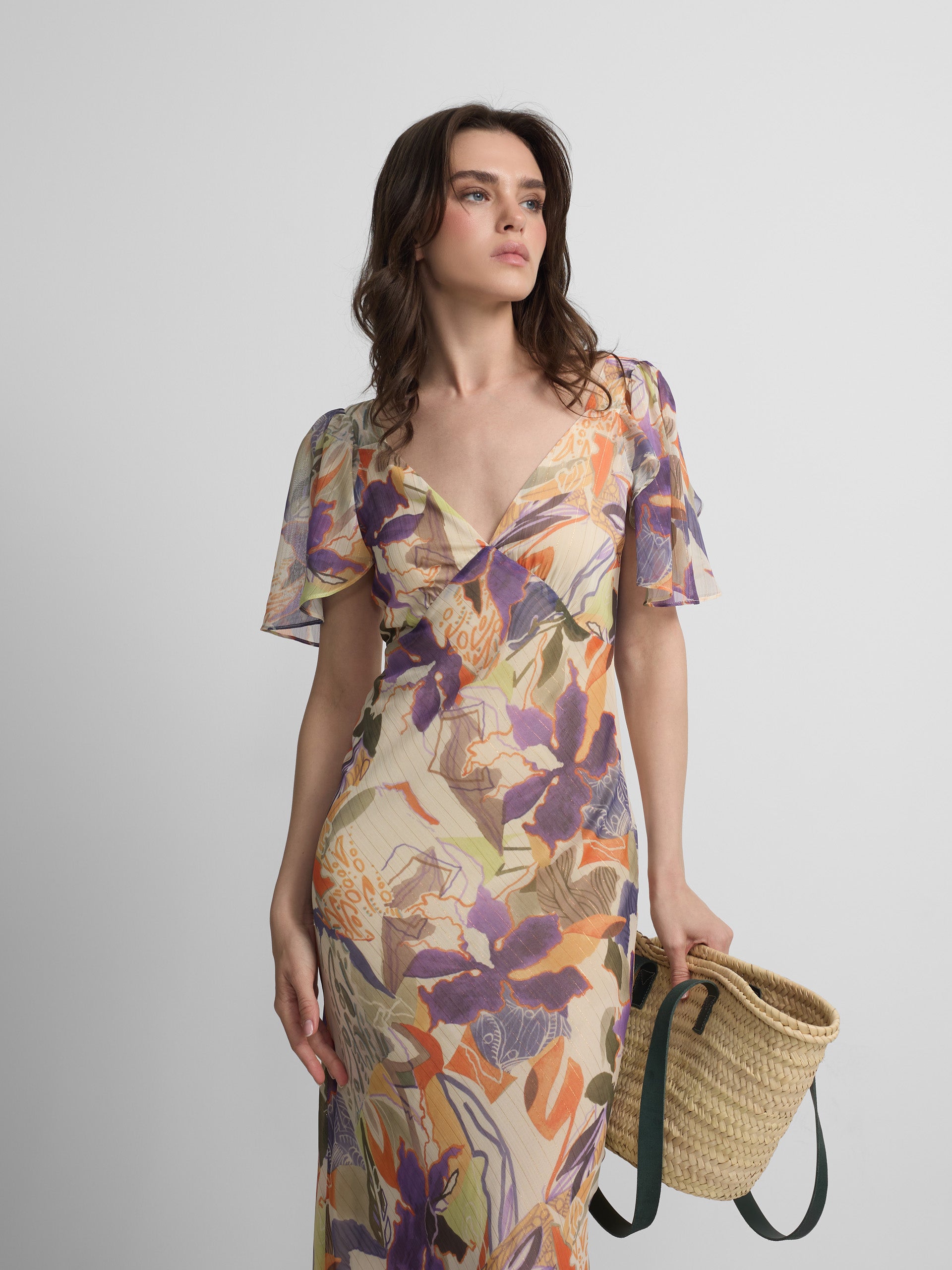 Vestido largo estampado flores moradas y naranjas
