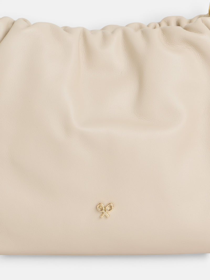 Gathered leather bag with chain detail in off-white