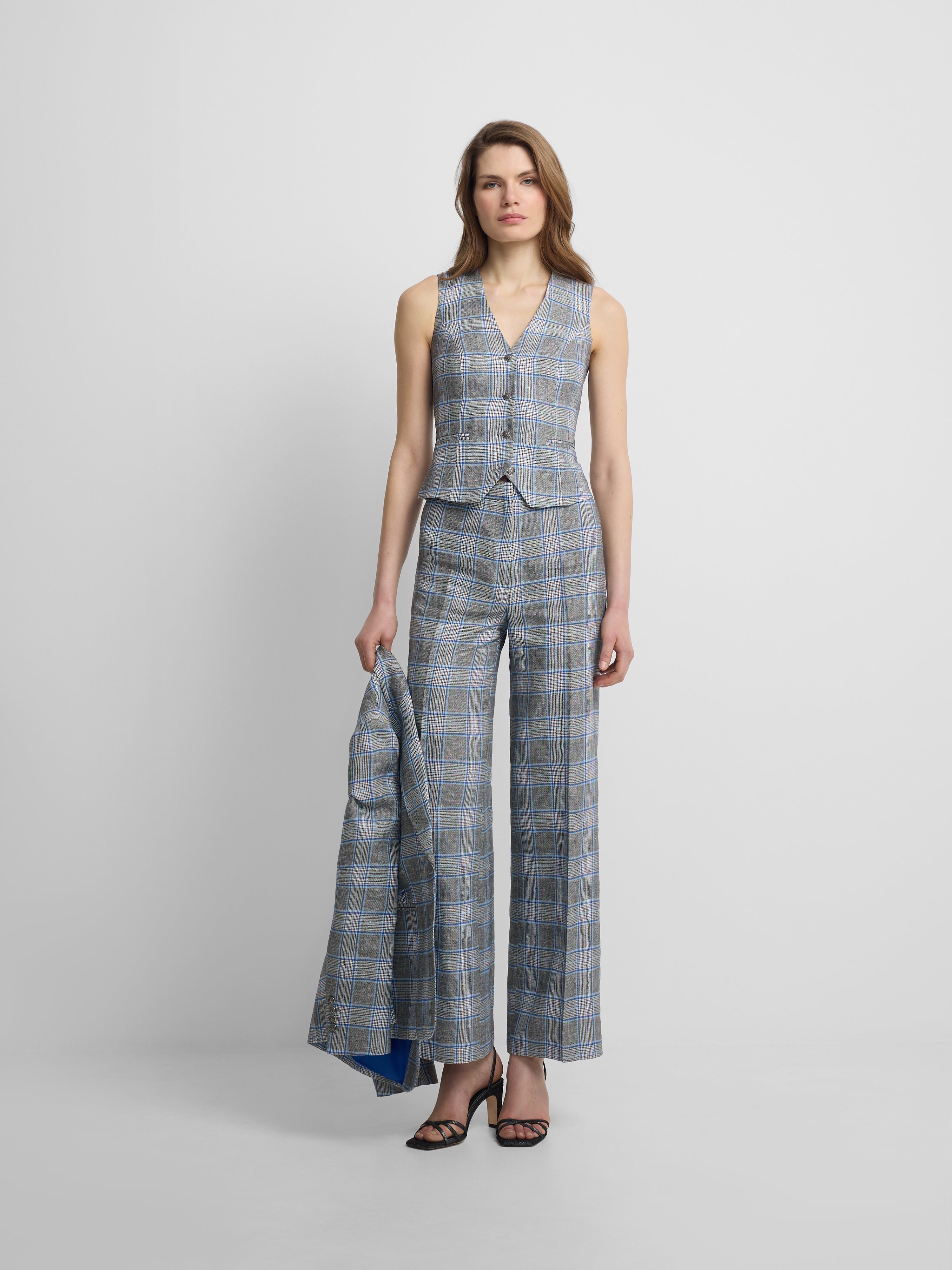 Pantalon droit à carreaux marine