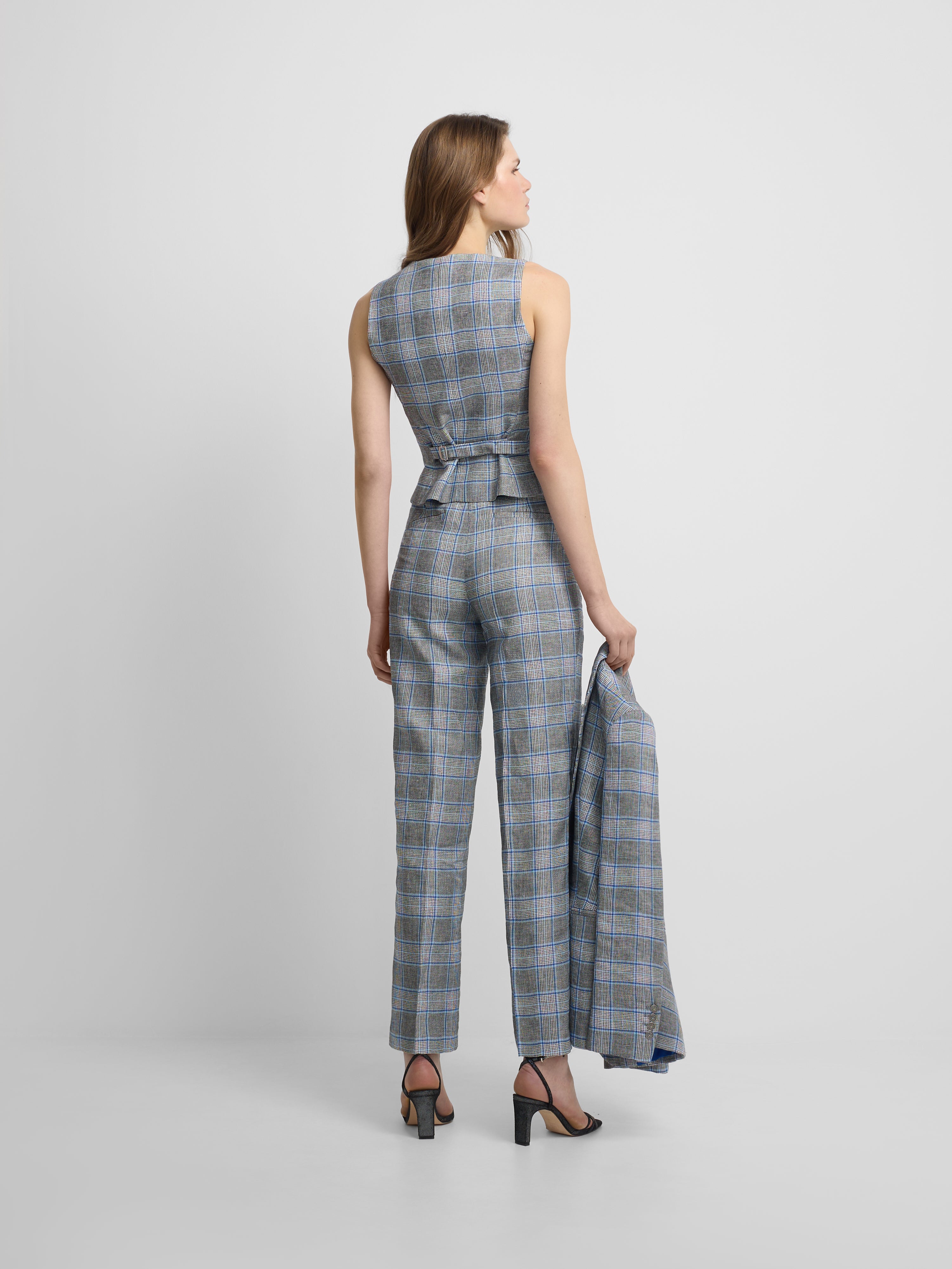 Pantalon droit à carreaux marine