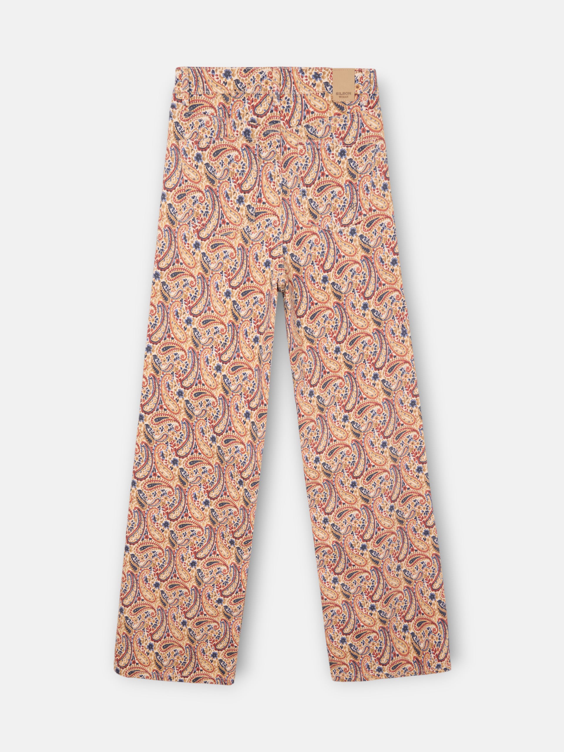 Printed denim trousers with orange paisley