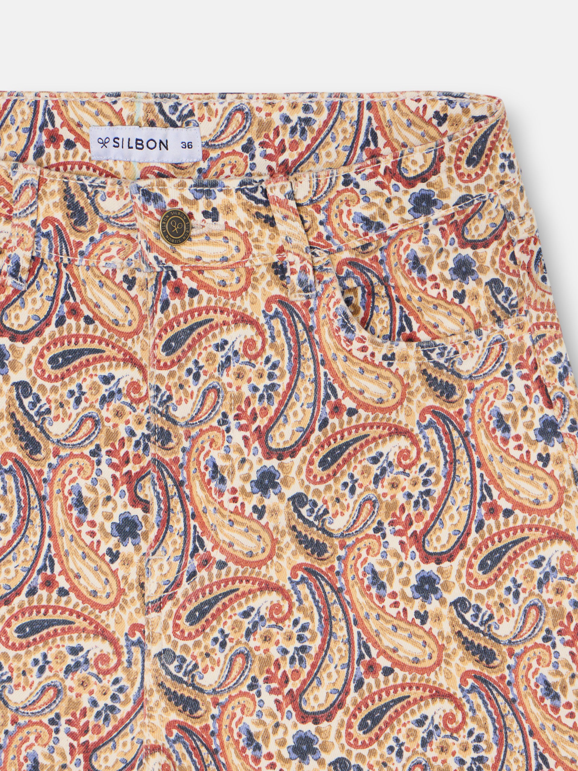 Printed denim trousers with orange paisley
