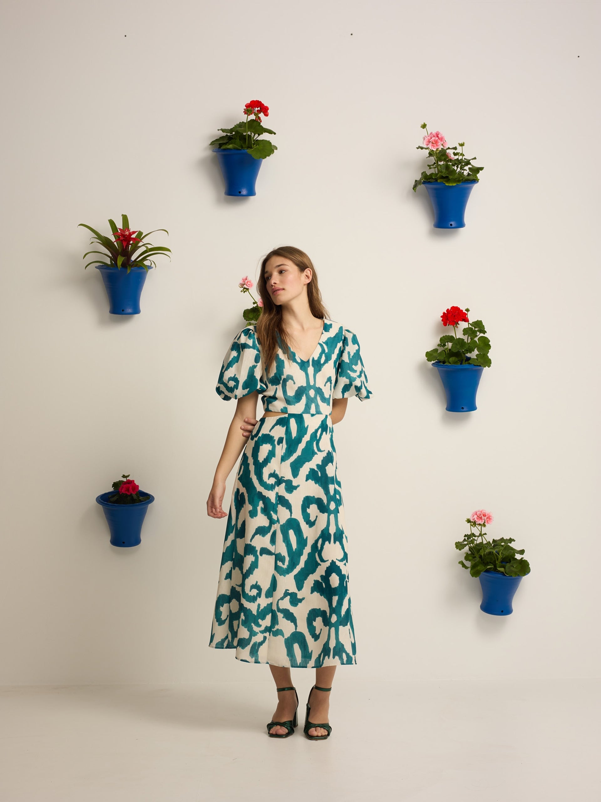 Green printed cut-out event collection dress