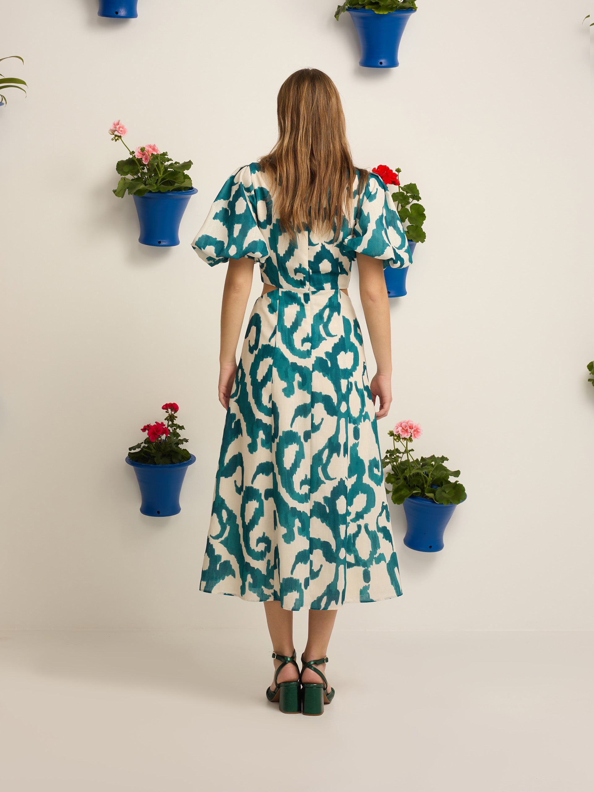 Green printed cut-out event collection dress
