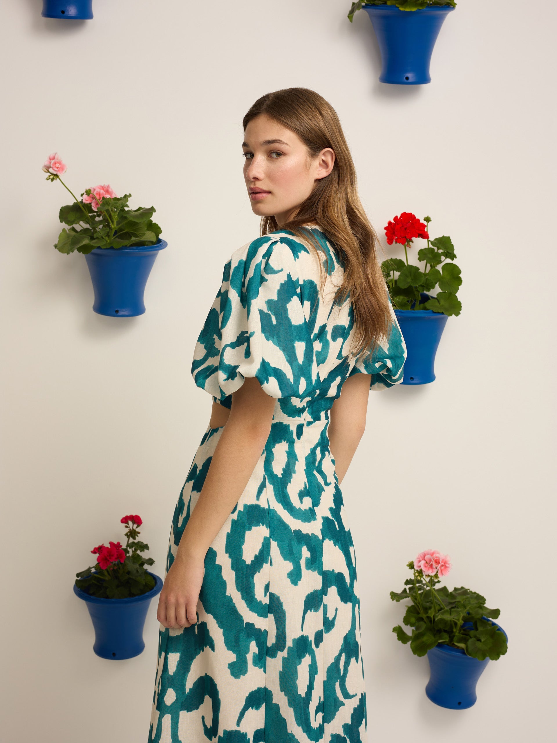 Green printed cut-out event collection dress