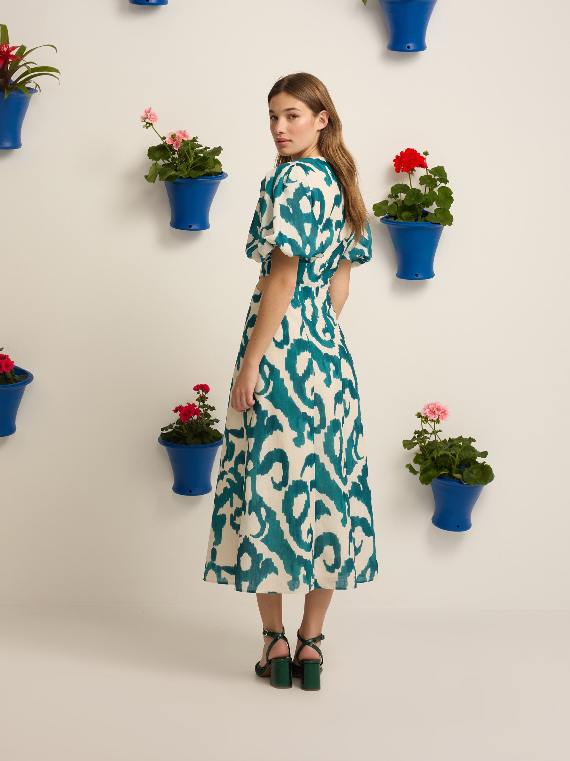 Green printed cut-out event collection dress