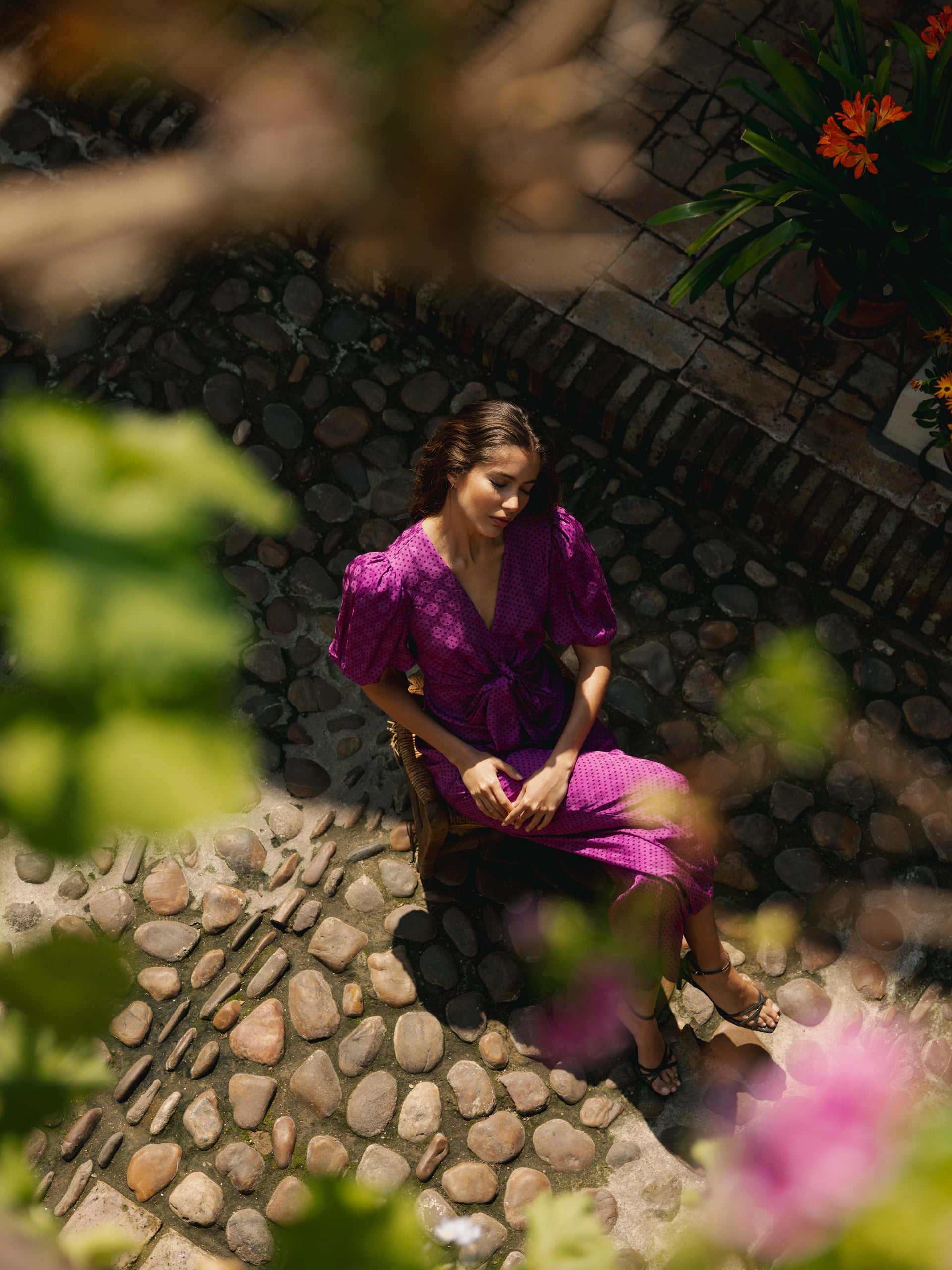 Purple polka dot knot event jumpsuit