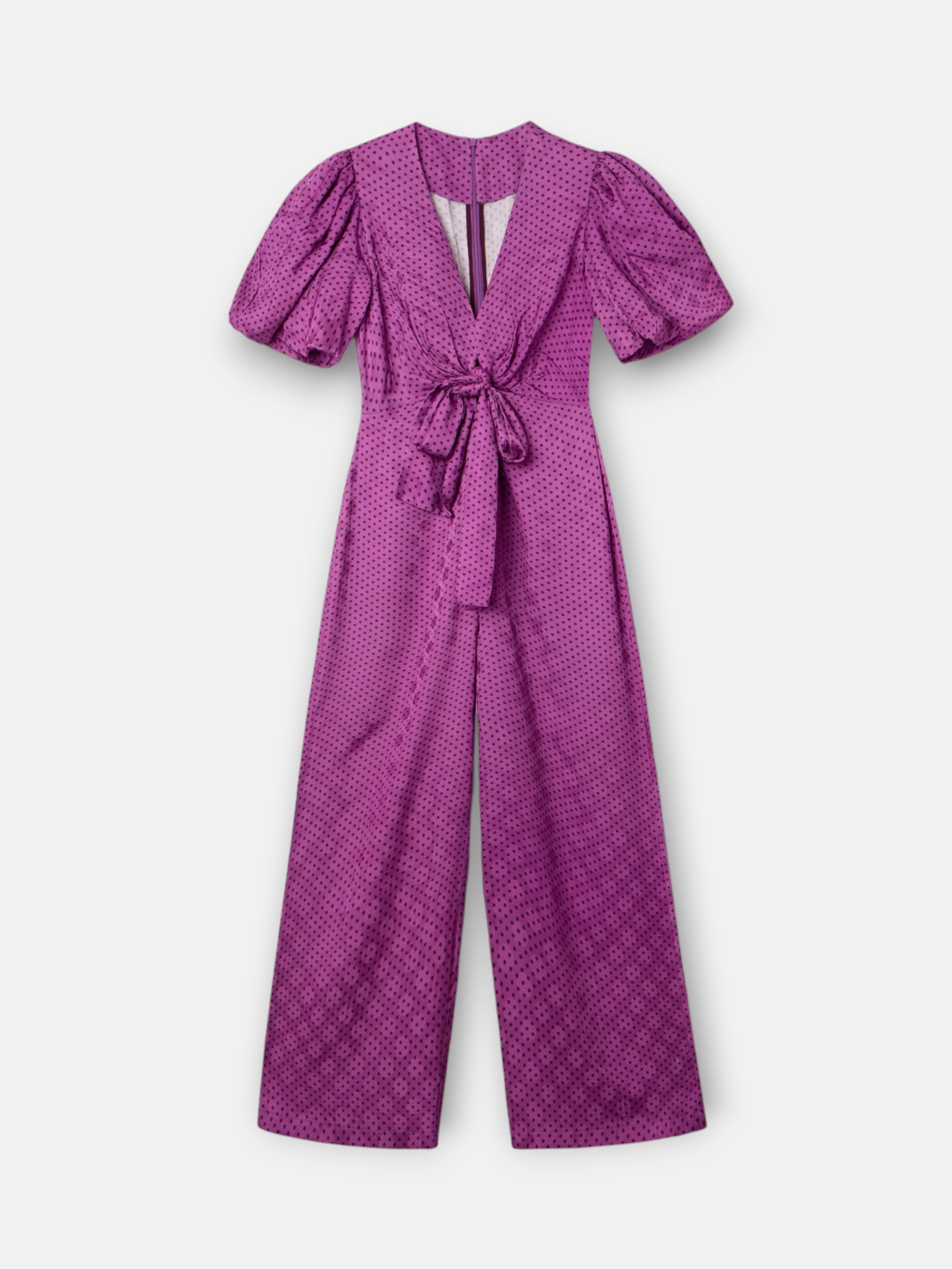 Purple polka dot knot event jumpsuit