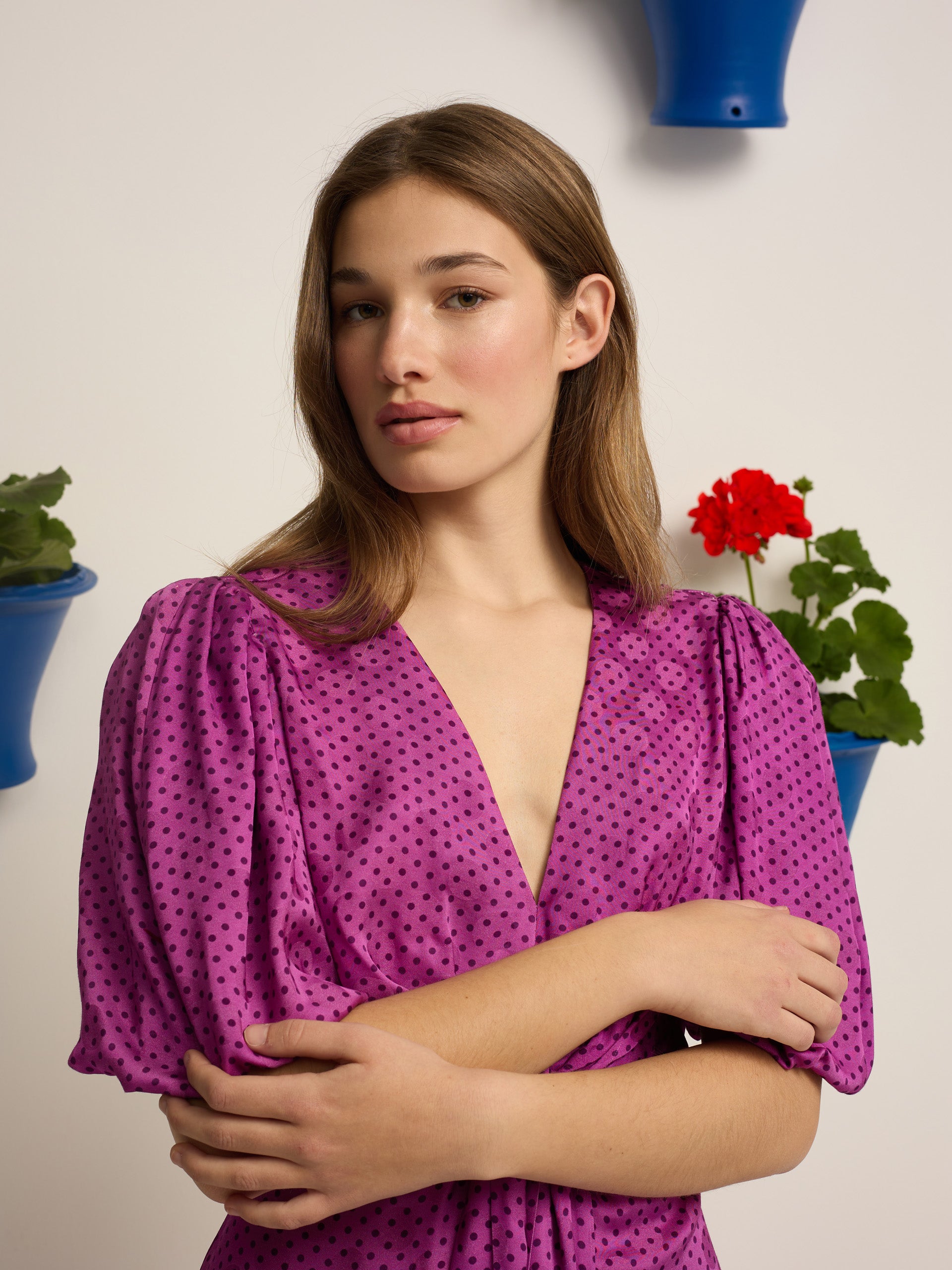 Purple polka dot knot event jumpsuit