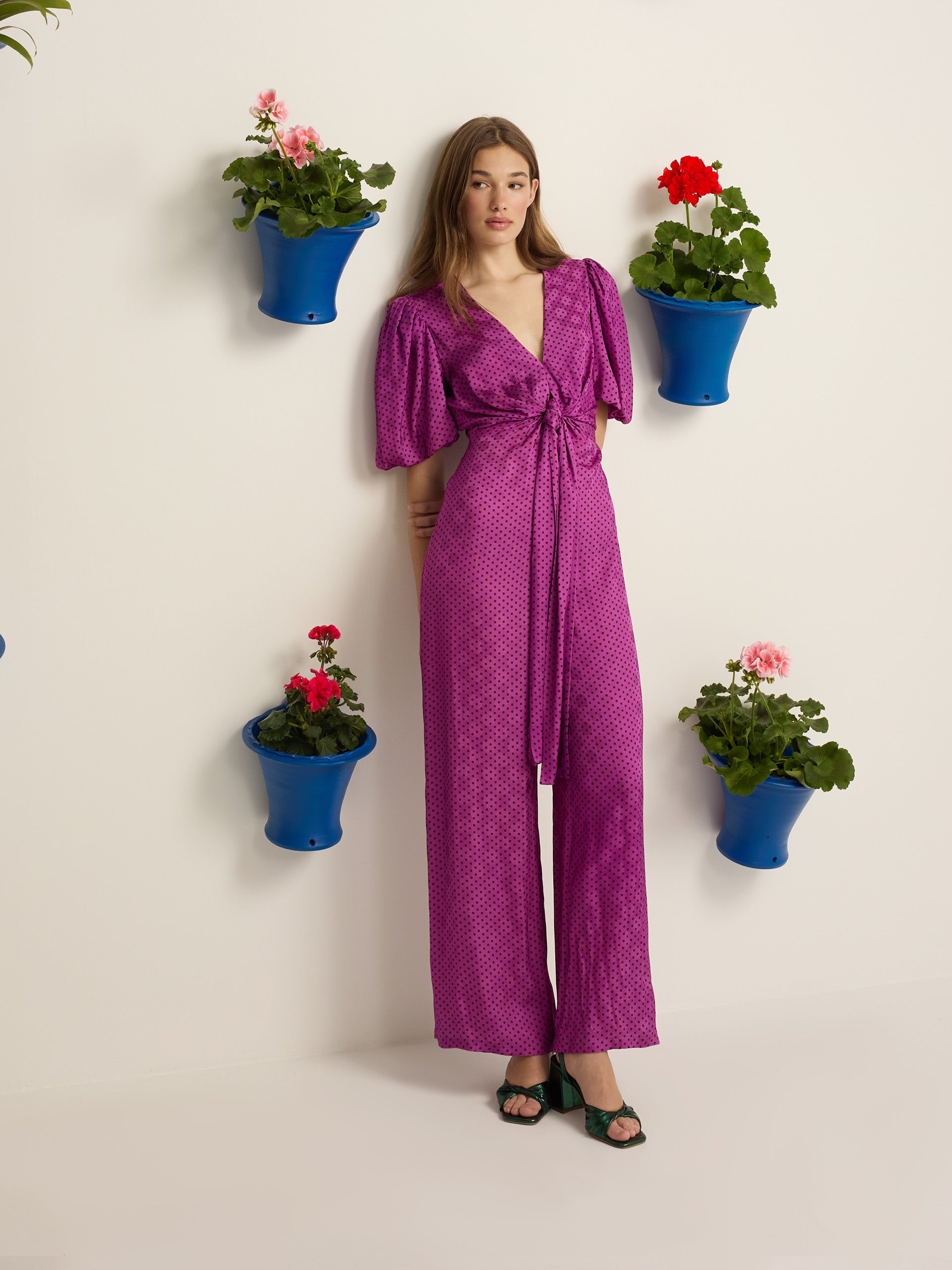 Purple polka dot knot event jumpsuit