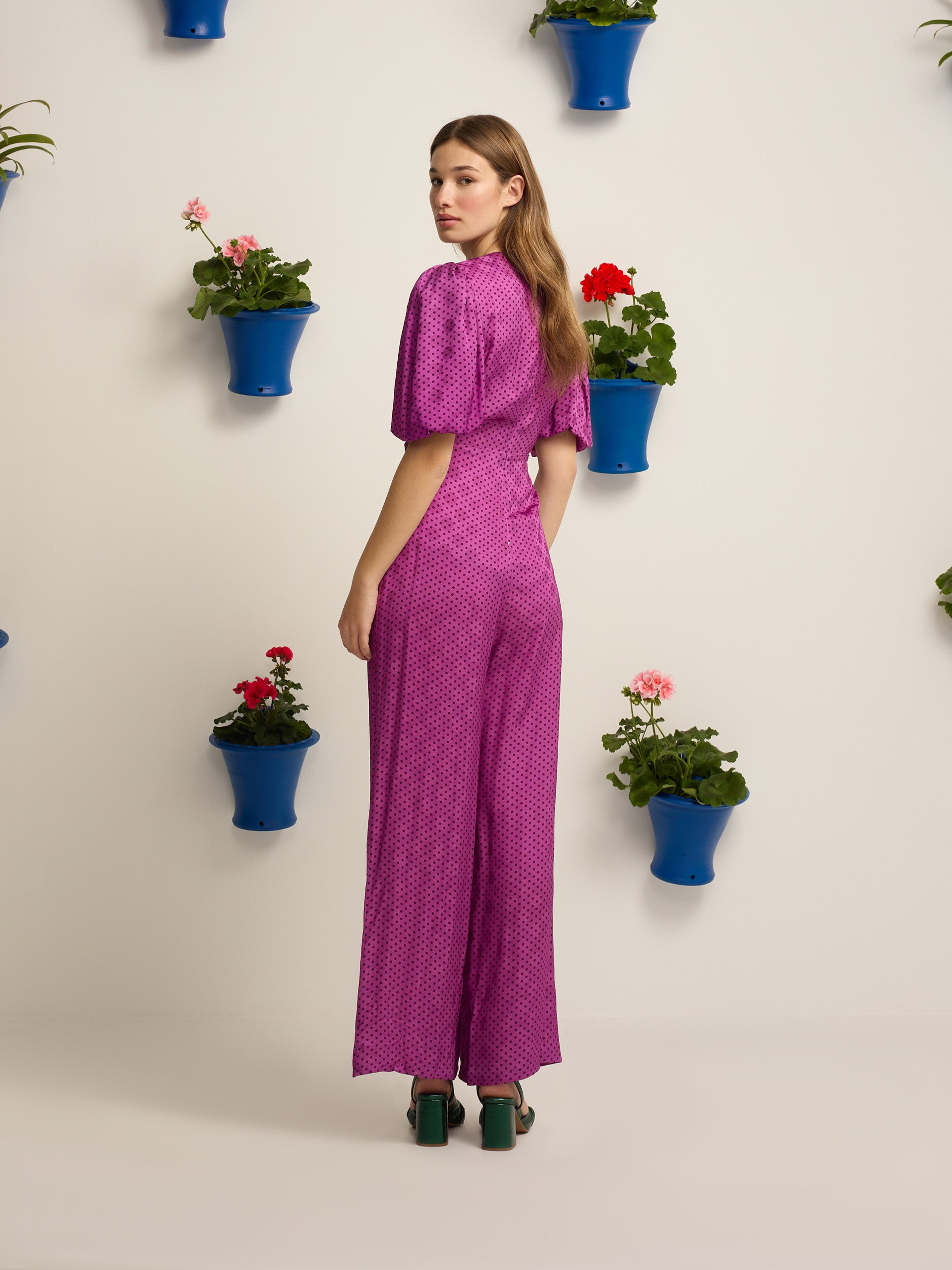 Purple polka dot knot event jumpsuit