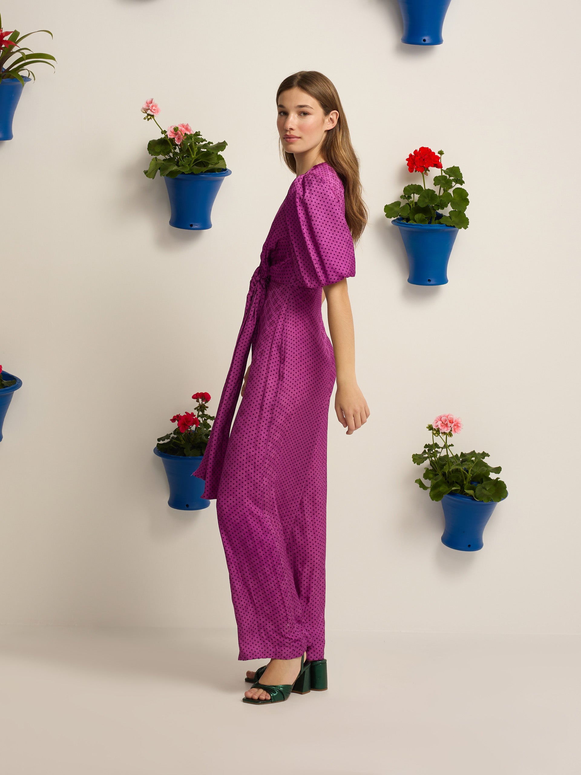 Purple polka dot knot event jumpsuit