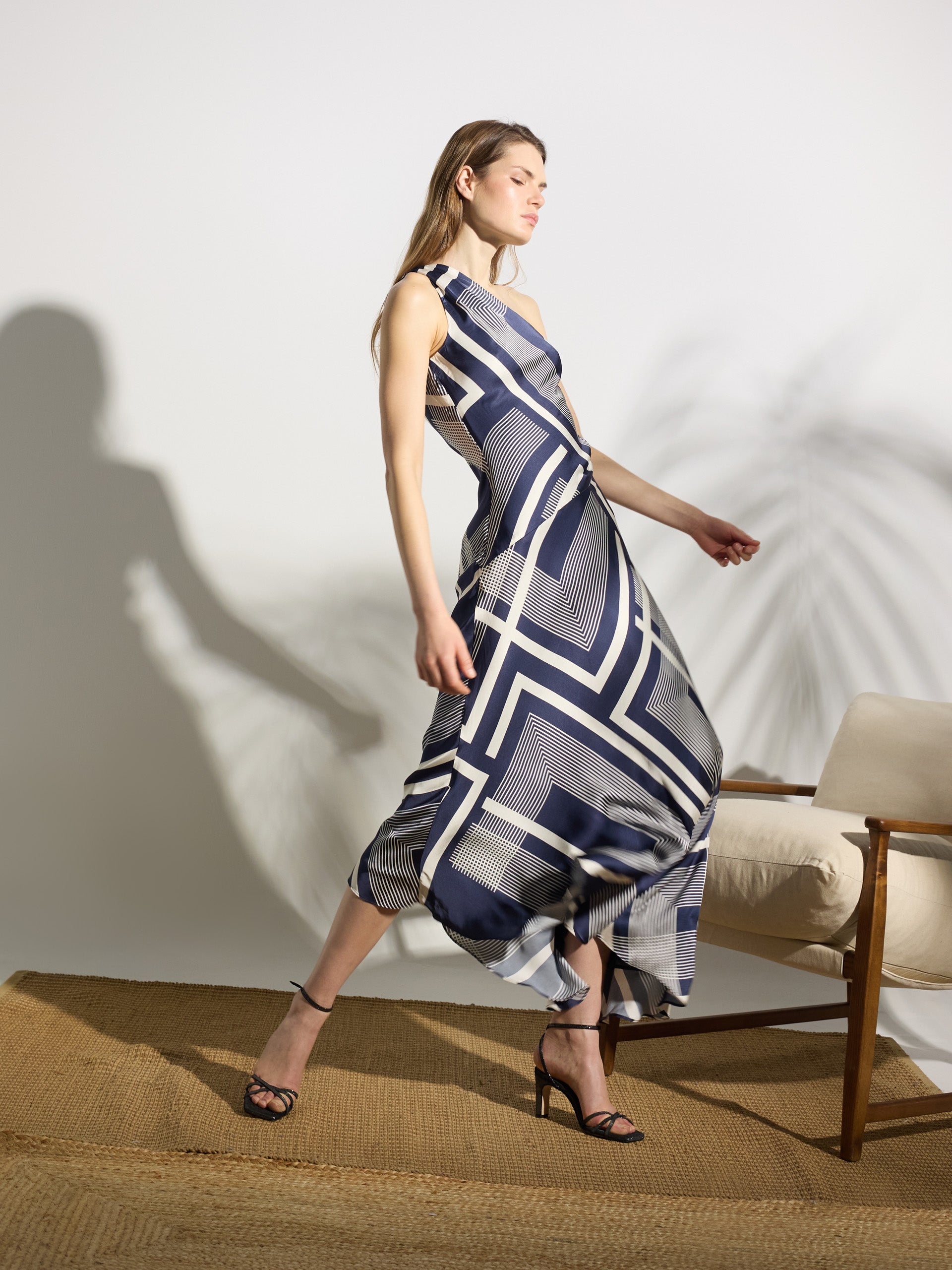 Robe midi unique asymétrique imprimée bleu