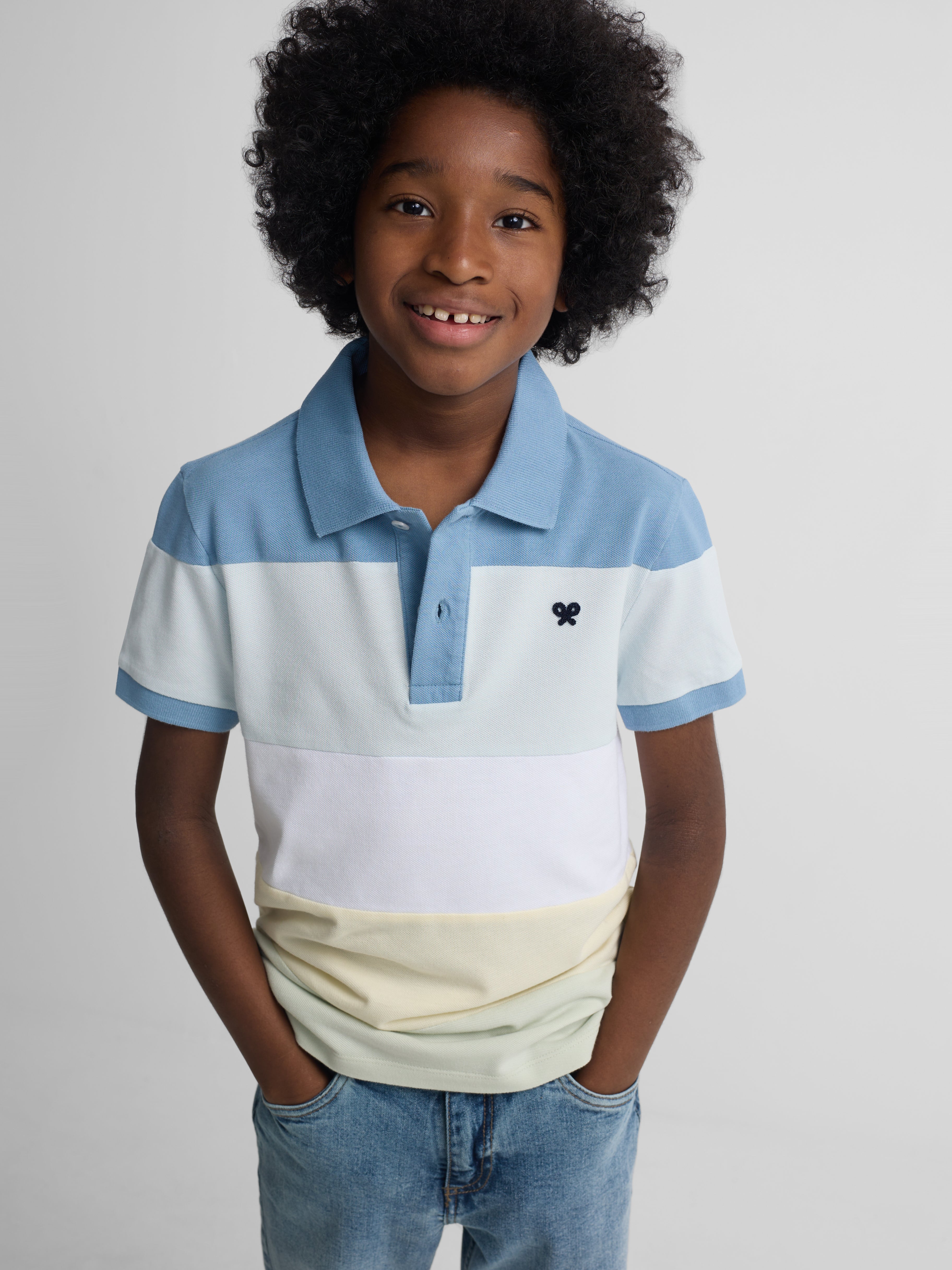 Kids' wide stripe multicolor blue polo
