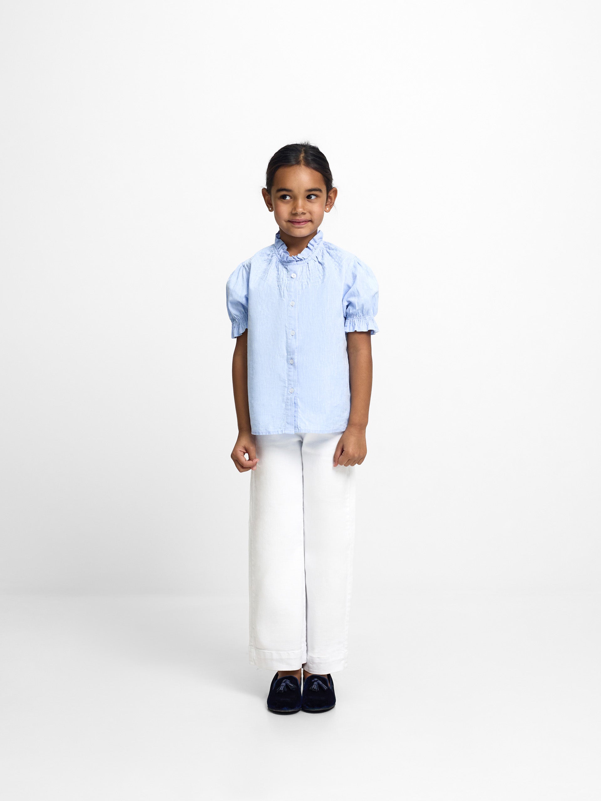 Camisa girl fruncidos lino celeste