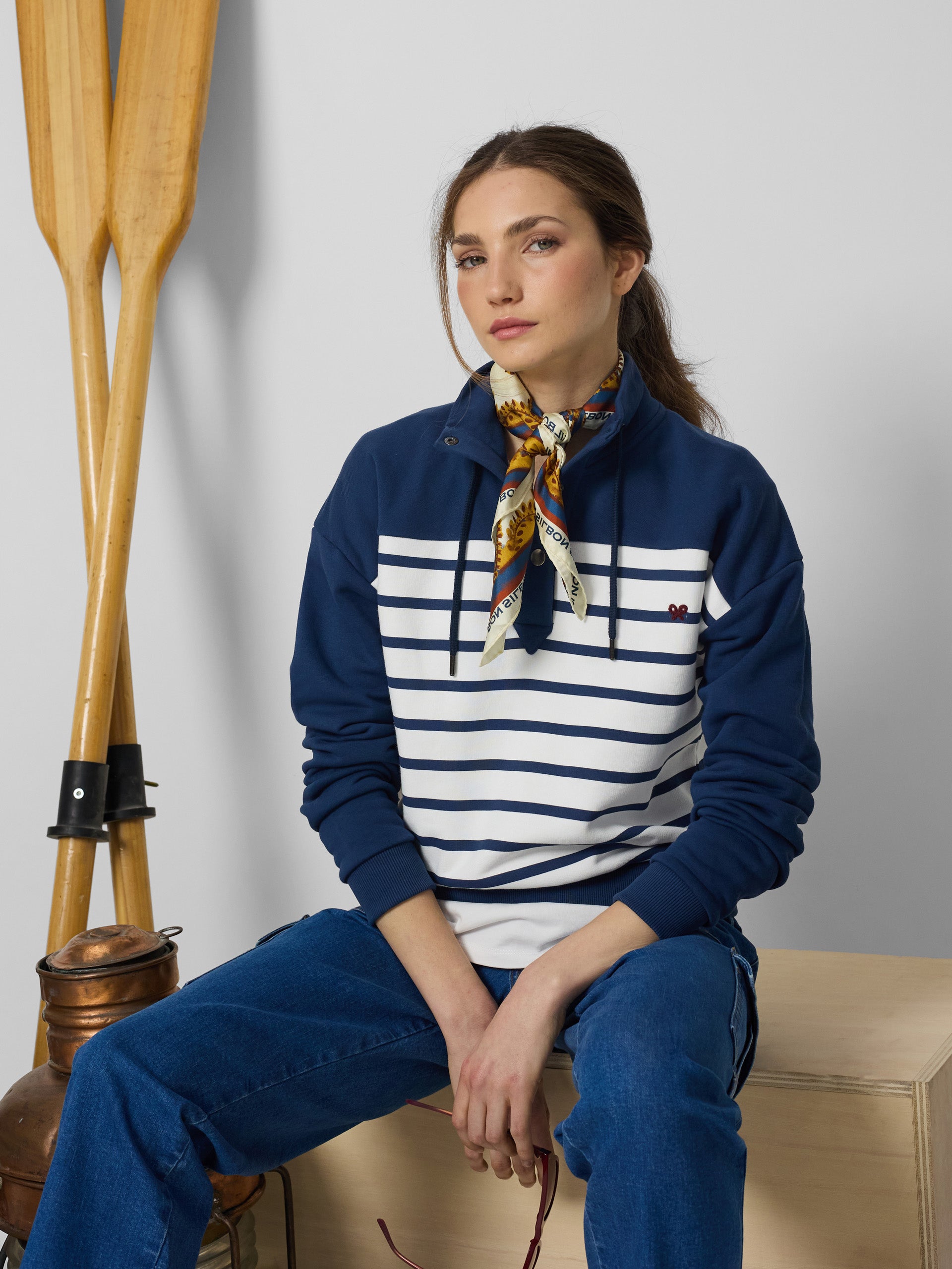 Sudadera woman cuello botones rayas azules