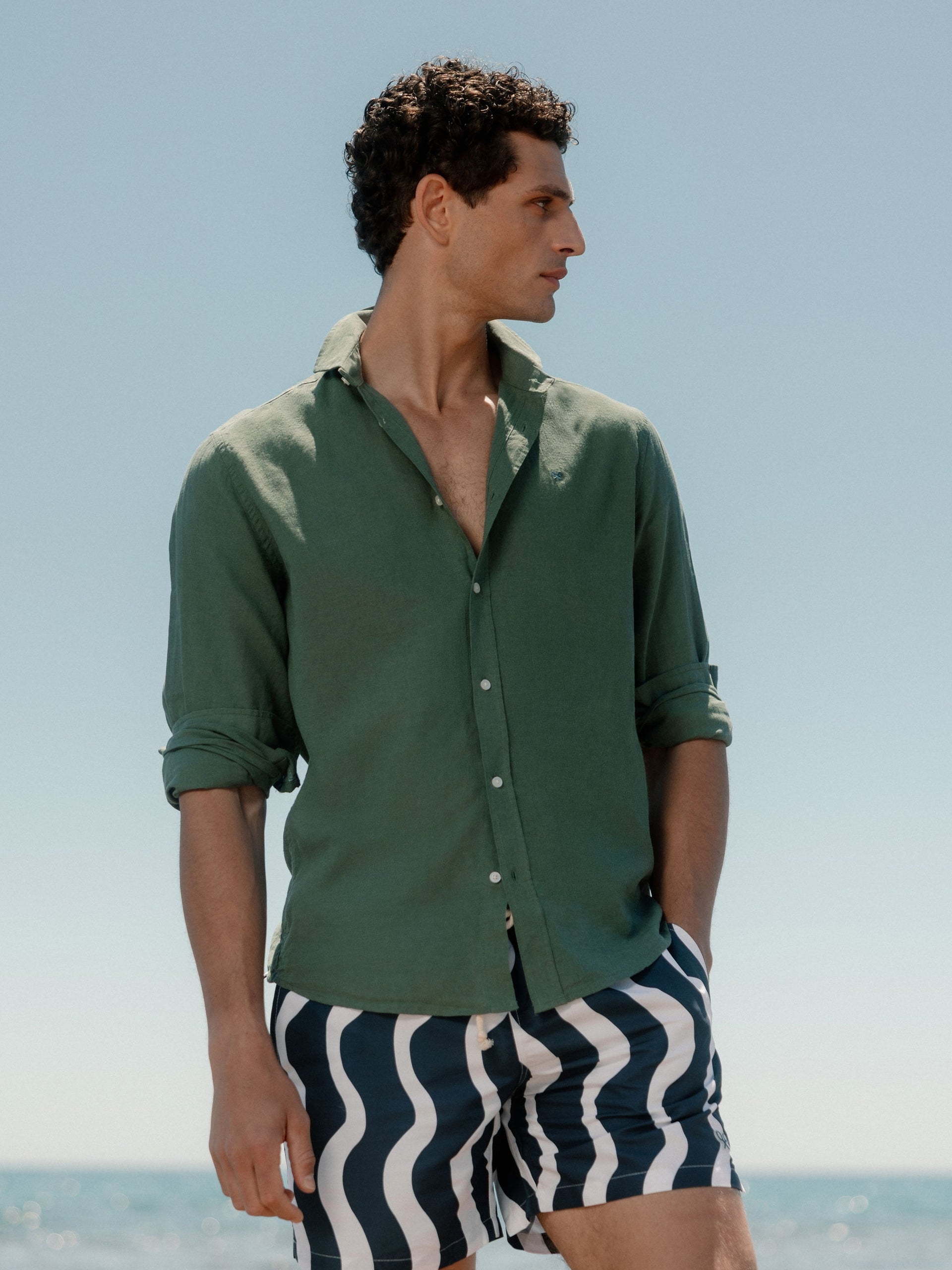 Camisa sport lino verde oscuro
