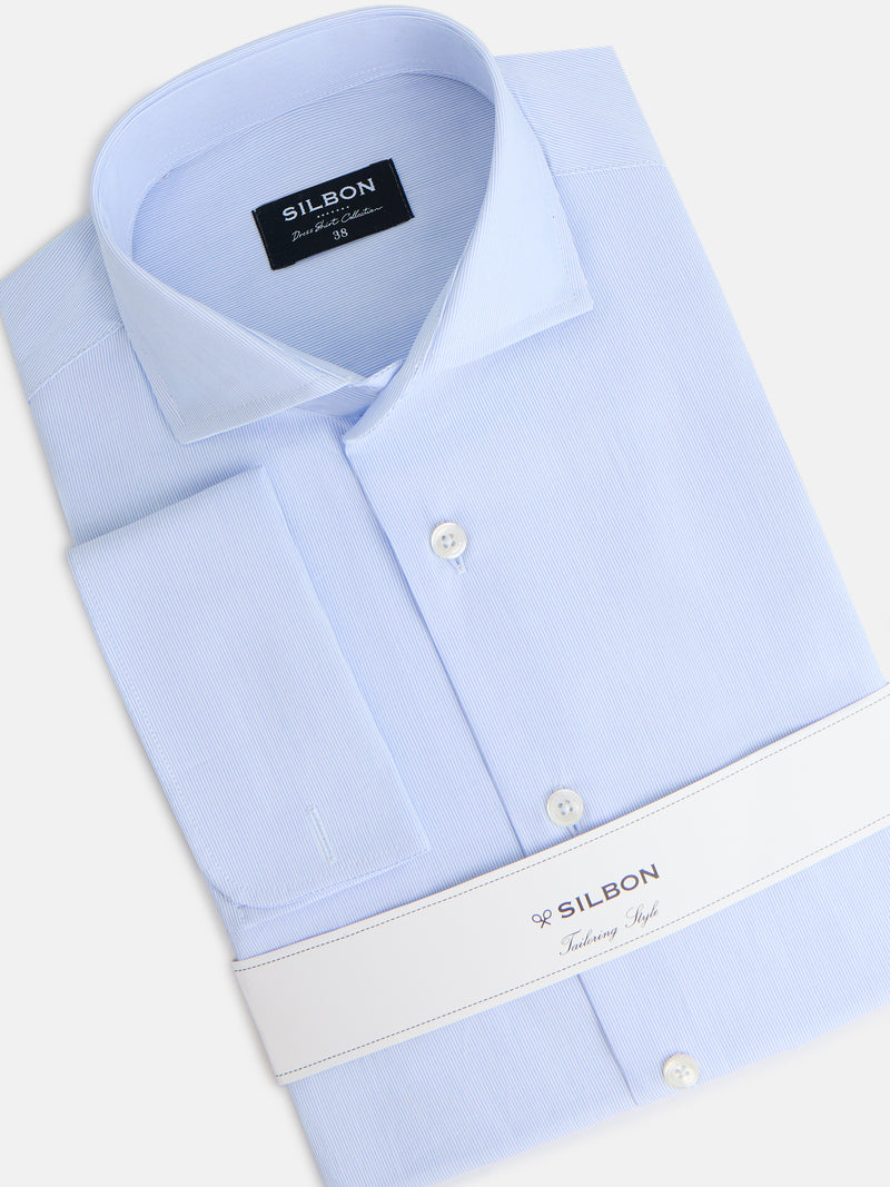 Camisa de vestir riscas finas punho duplo azul-claro