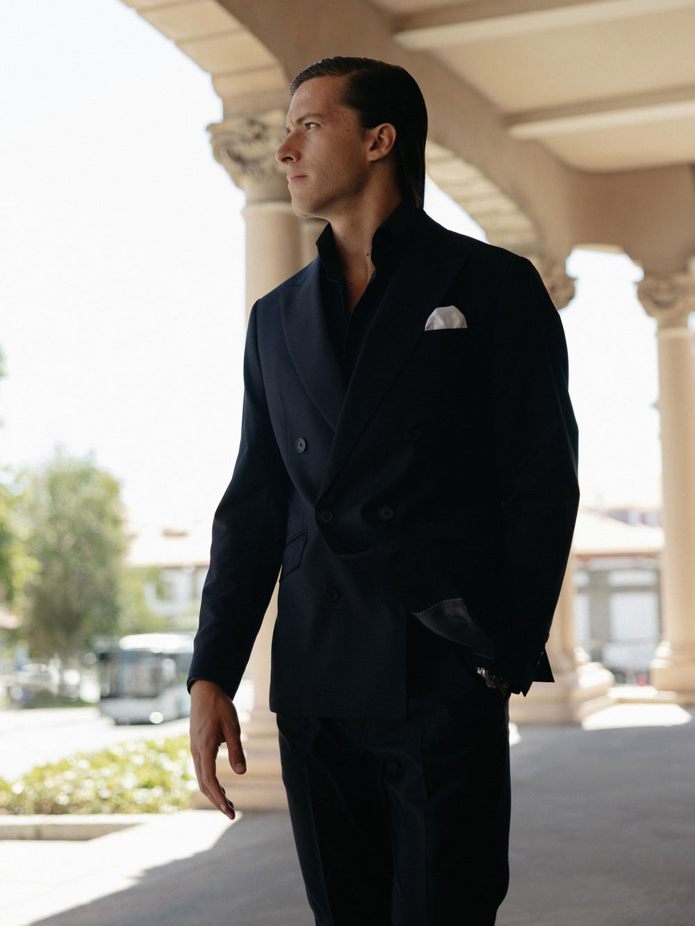 Blazer de fato cruzado stretch azul-marinho
