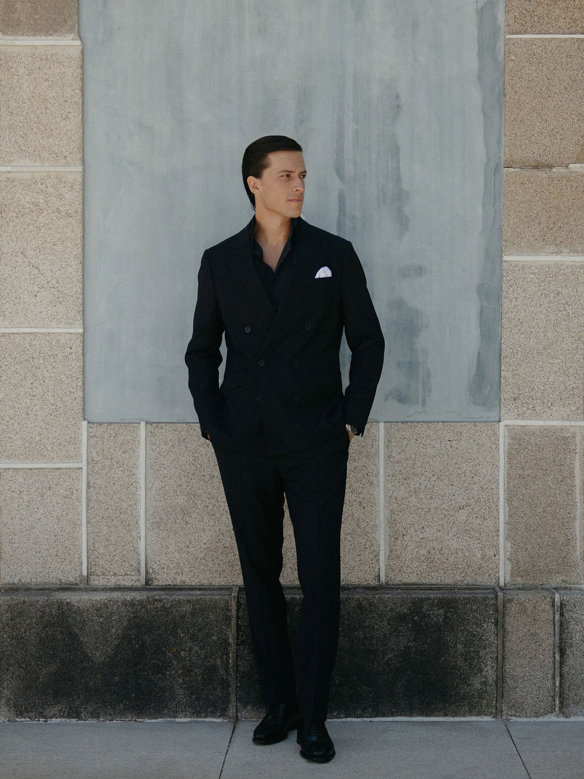 Stretch navy double-breasted suit trousers