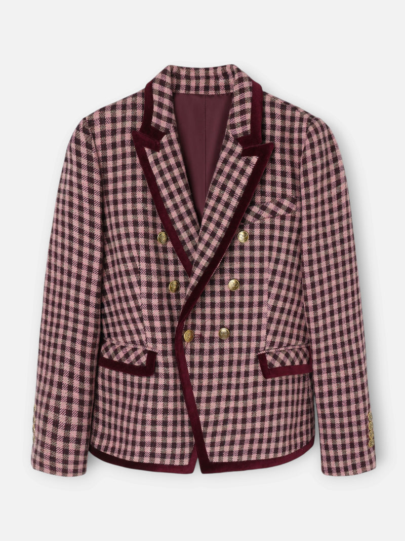 Double-breasted blazer with velvet trim in light pink gingham check