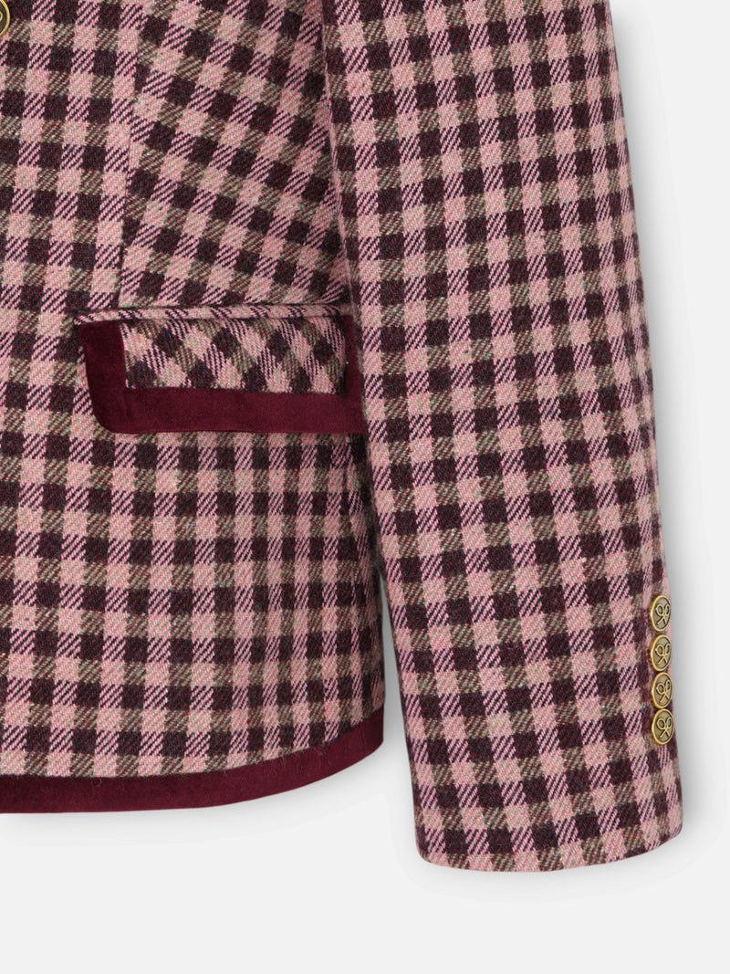 Double-breasted blazer with velvet trim in light pink gingham check