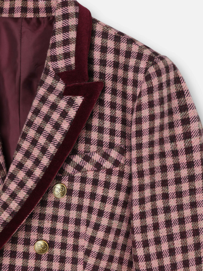 Double-breasted blazer with velvet trim in light pink gingham check