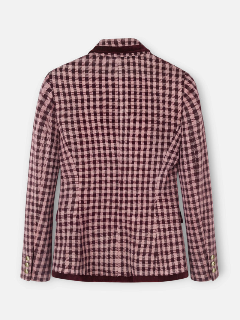 Double-breasted blazer with velvet trim in light pink gingham check