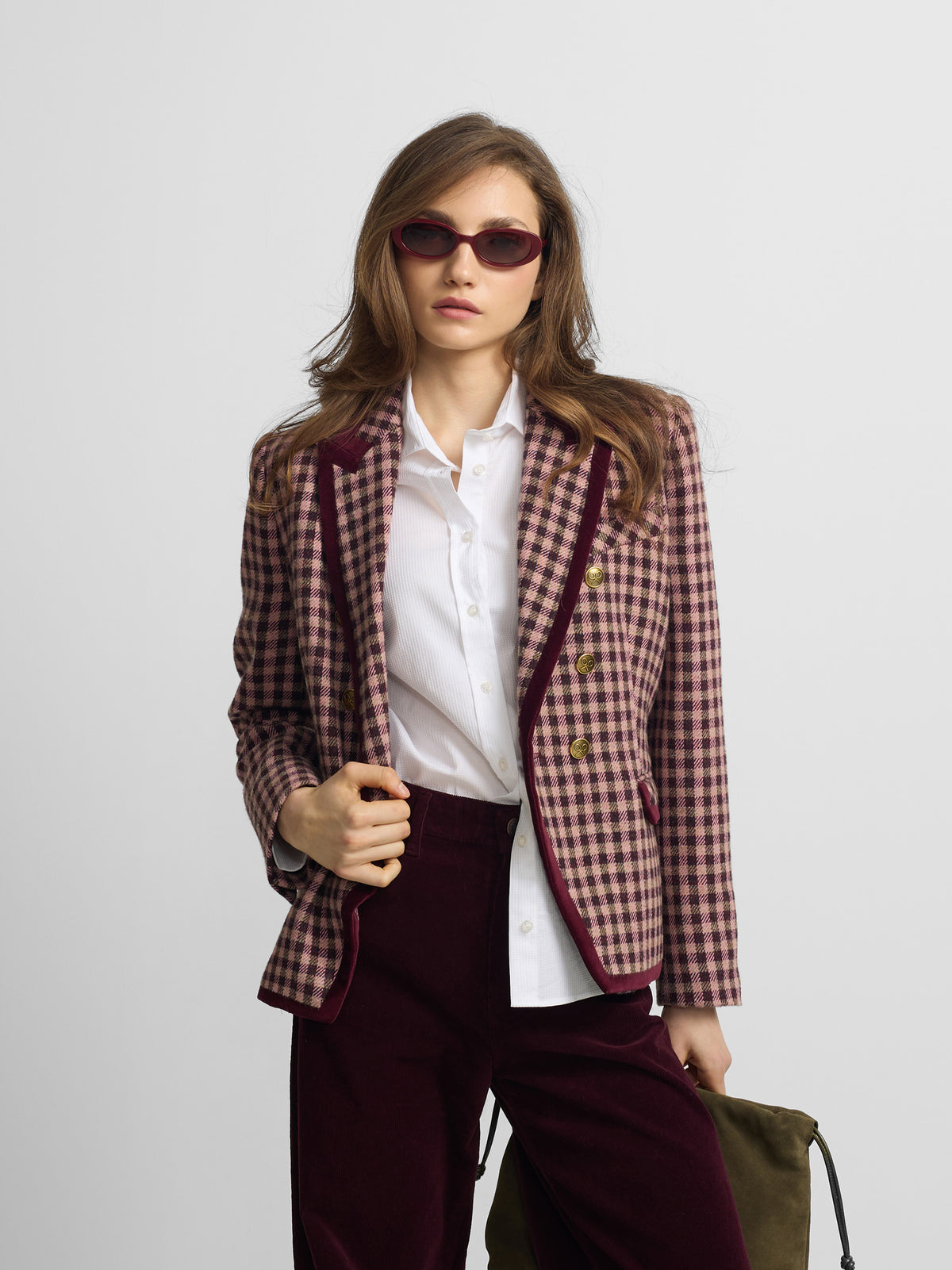 Double-breasted blazer with velvet trim in light pink gingham check