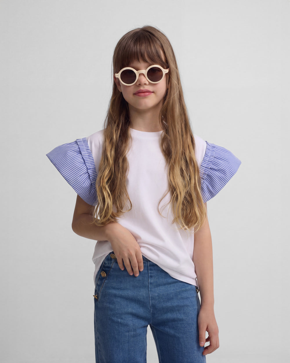 Camiseta girl volantes popelin rayas blanca