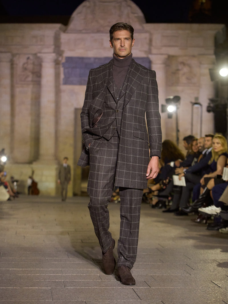 Traje MTM sartorial tres piezas cuadro ventana heritage marrón 100% lana inglesa