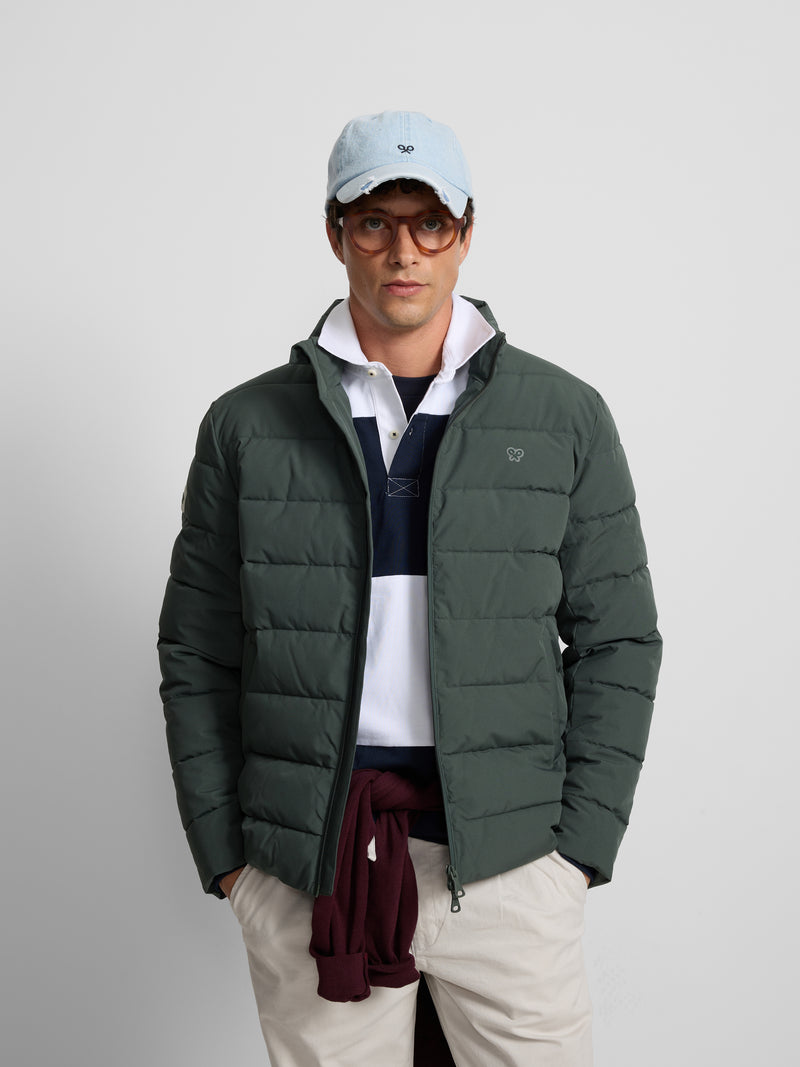 Green quilted technical coat