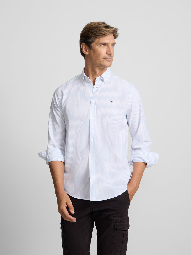 Camisa sport oxford risca média azul celeste