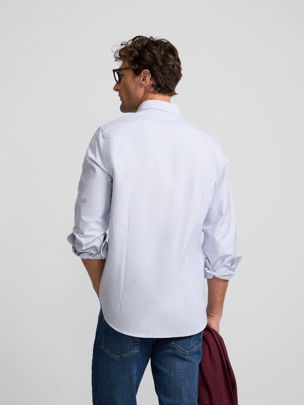 Navy Oxford Sport Shirt with Fine Stripes