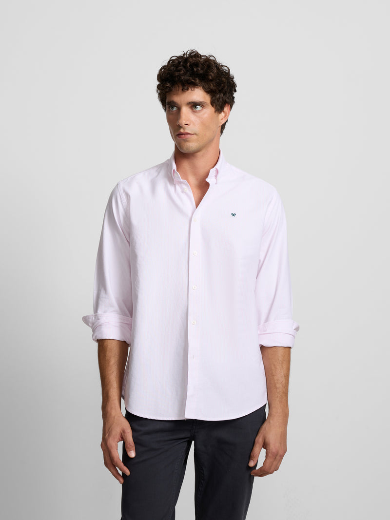 Camisa sport oxford risca média rosa