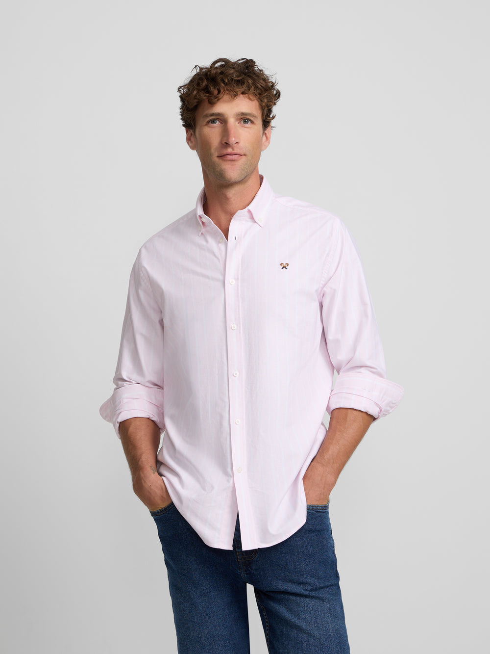 Wide stripe pink oxford sport shirt