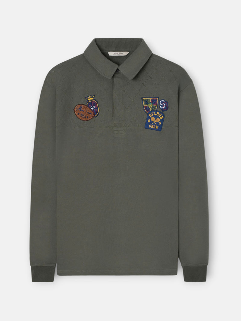 Long sleeve green polo with patches
