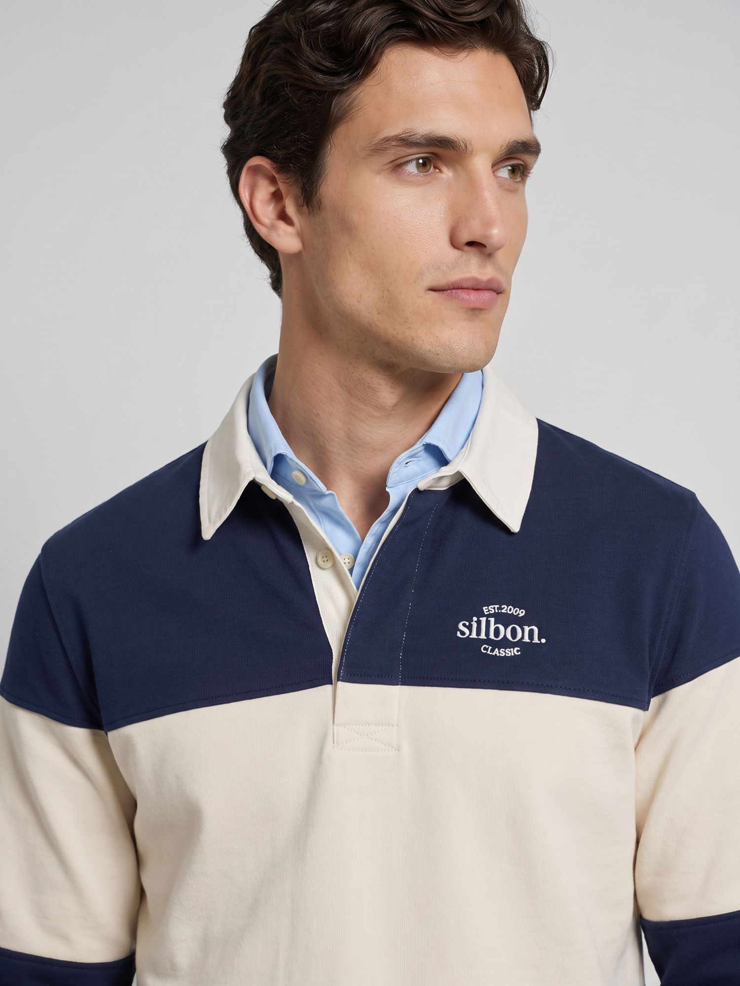 Sweatshirt relaxed fit gola polo bloco azul-marinho