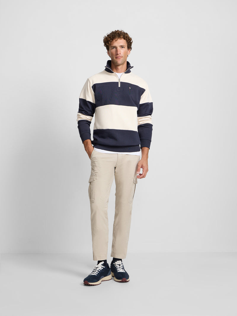Sweat-shirt à demi-fermeture éclair à larges rayures bleu marine