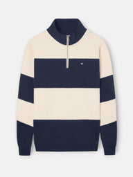 Sweat-shirt à demi-fermeture éclair à larges rayures bleu marine