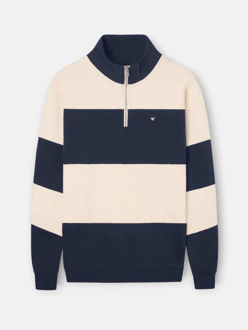 Sweat-shirt à demi-fermeture éclair à larges rayures bleu marine