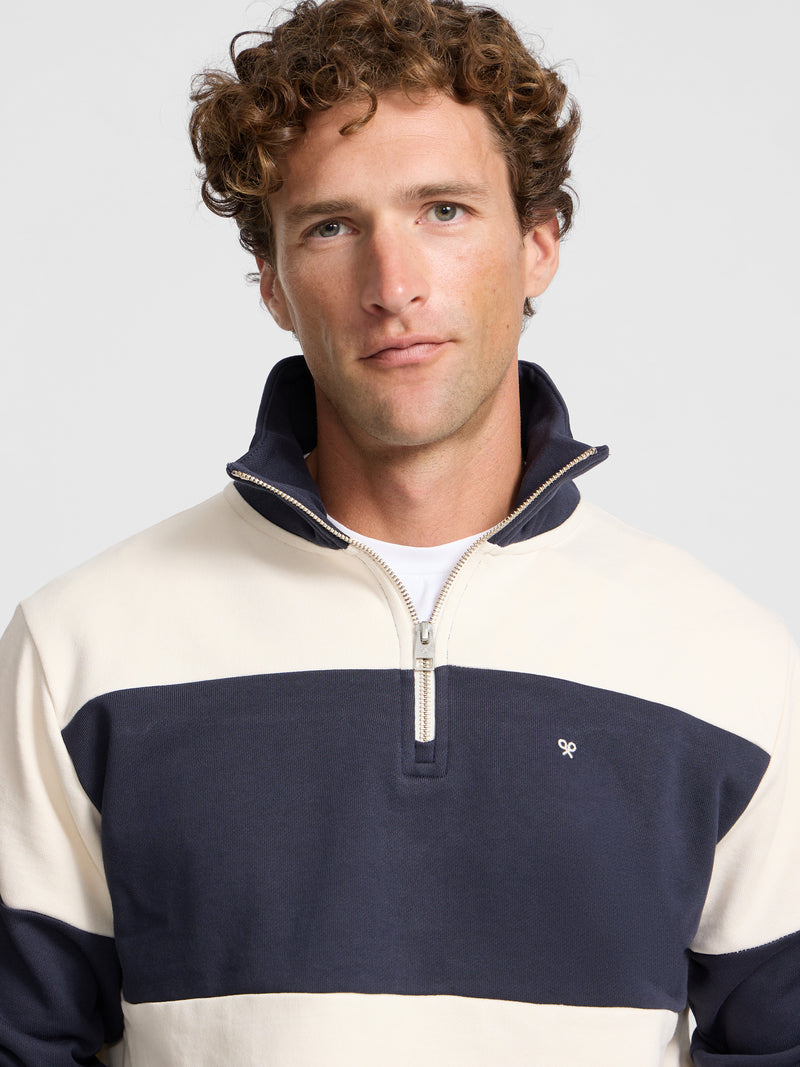 Sweat-shirt à demi-fermeture éclair à larges rayures bleu marine