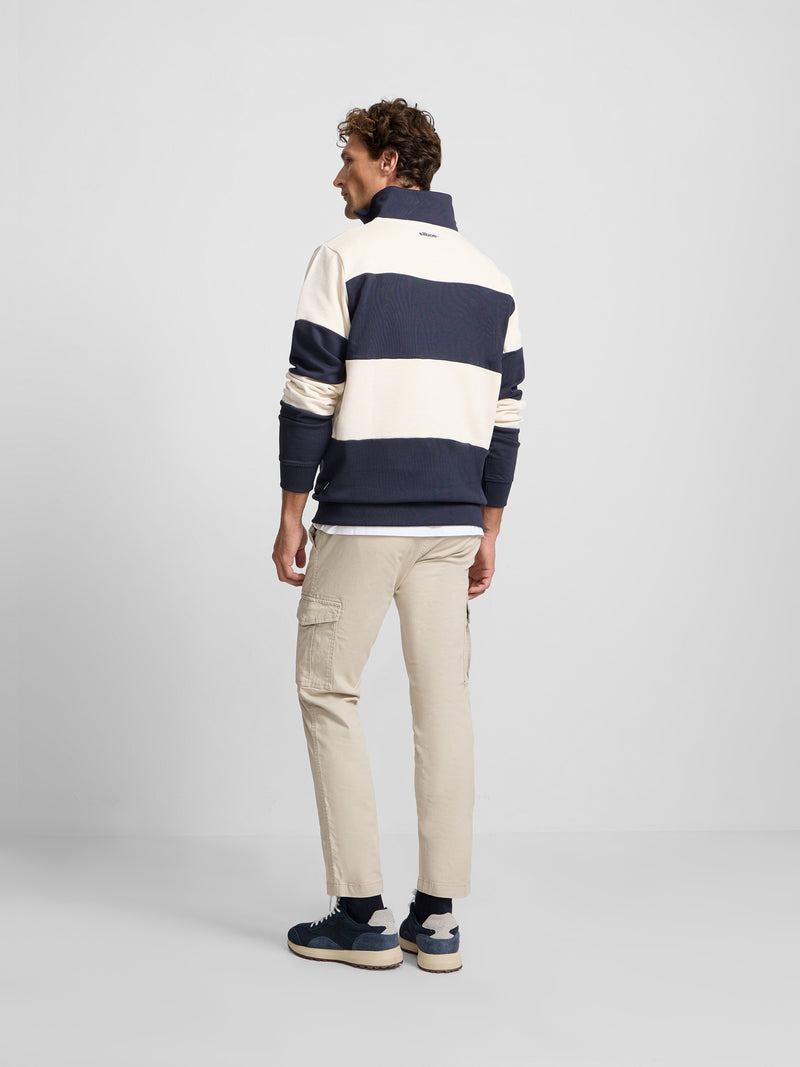 Sweat-shirt à demi-fermeture éclair à larges rayures bleu marine