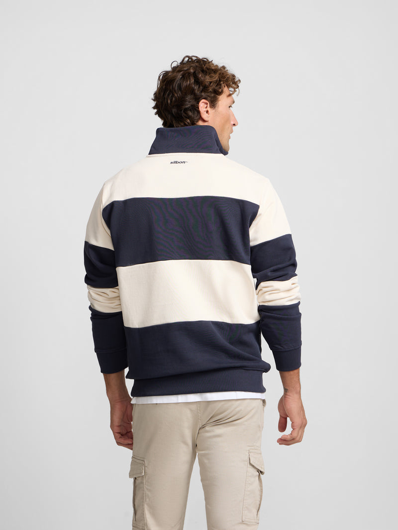 Sweat-shirt à demi-fermeture éclair à larges rayures bleu marine