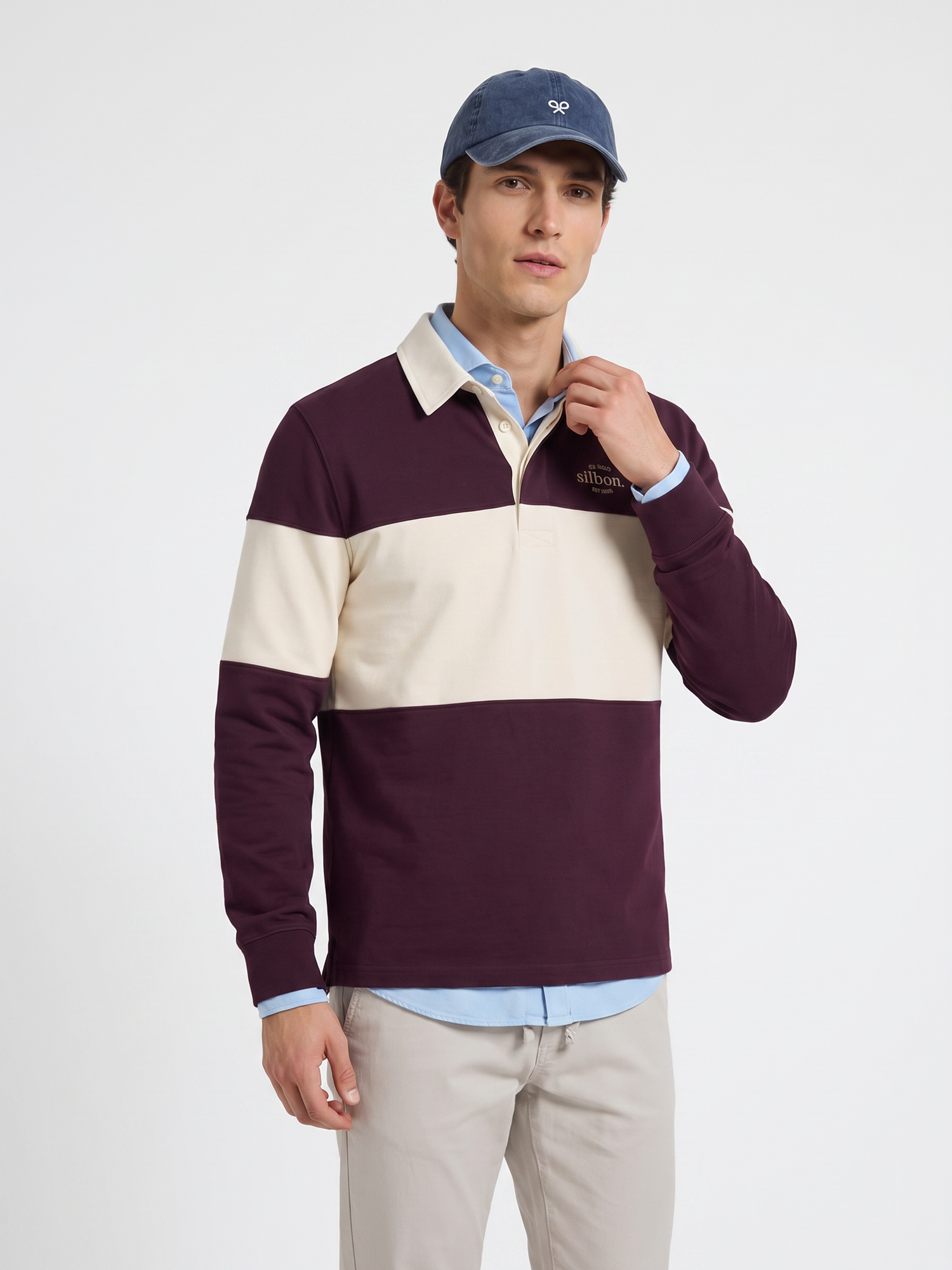 Sweat-shirt coupe décontractée col polo bloc bordeaux