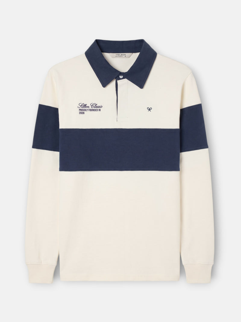 Polo à manches longues rayé bleu marine et crème