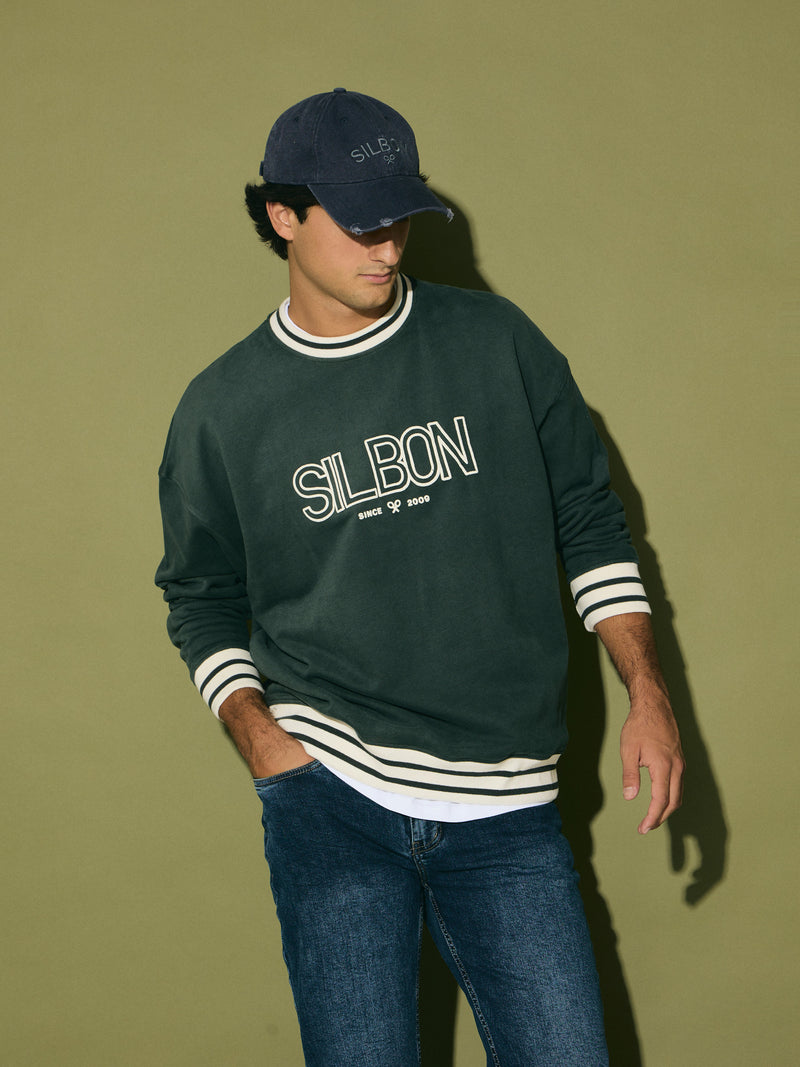 Sweat-shirt coupe décontractée rétro vert foncé