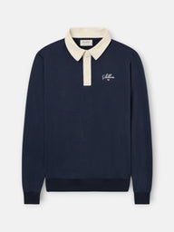 Sweat-shirt col polo en velours côtelé contraste bleu marine